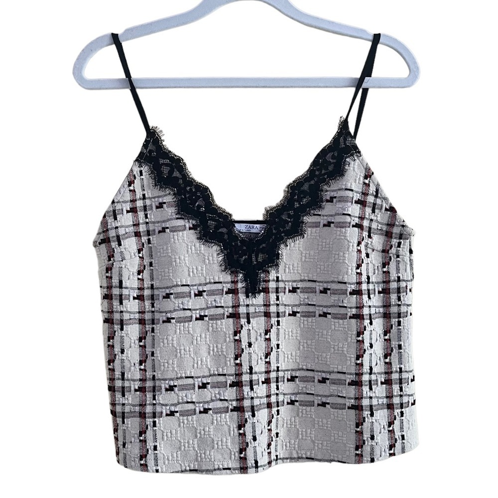 Zara Plaid Lace Trimmed Cropped Cami Top SZ S